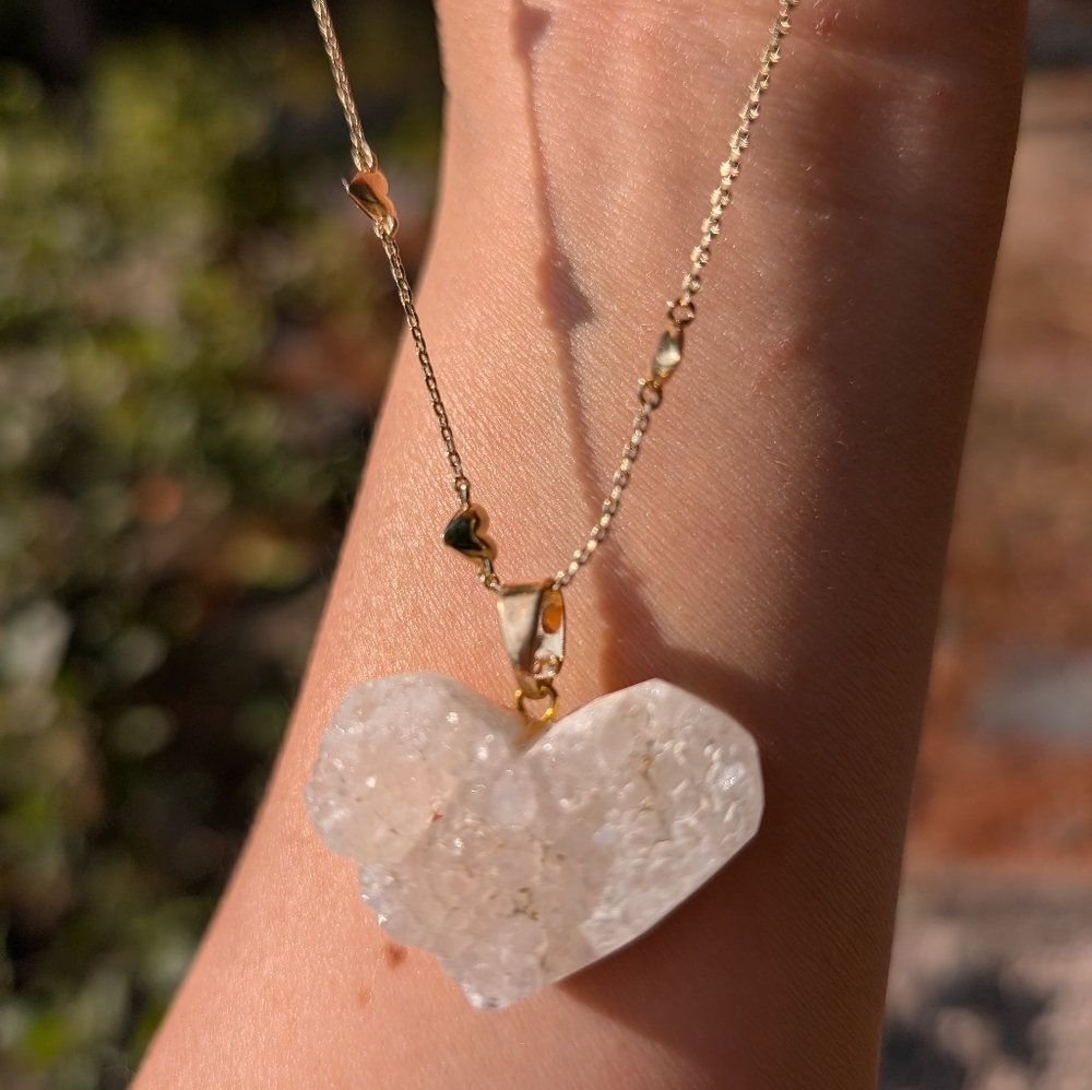 Genuine White Quartz Pendant With Lovely Heart Accent Chain RARE
